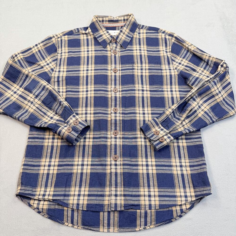 The Normal Brand Shirt Mens Large Blue Tan Plaid Cotton Linen Long Sleeve Casual